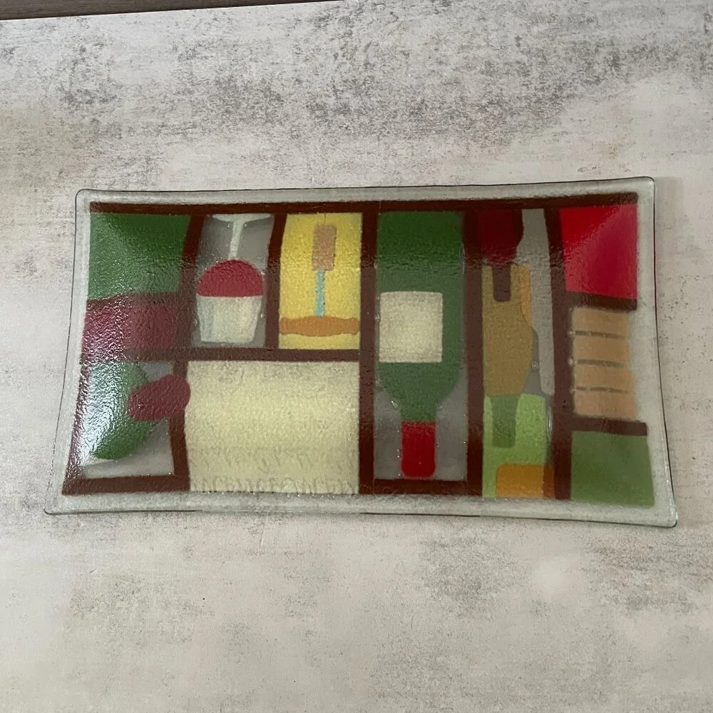 Vintage Peggy Karr Vino Wine Theme Fused Glass 13.5